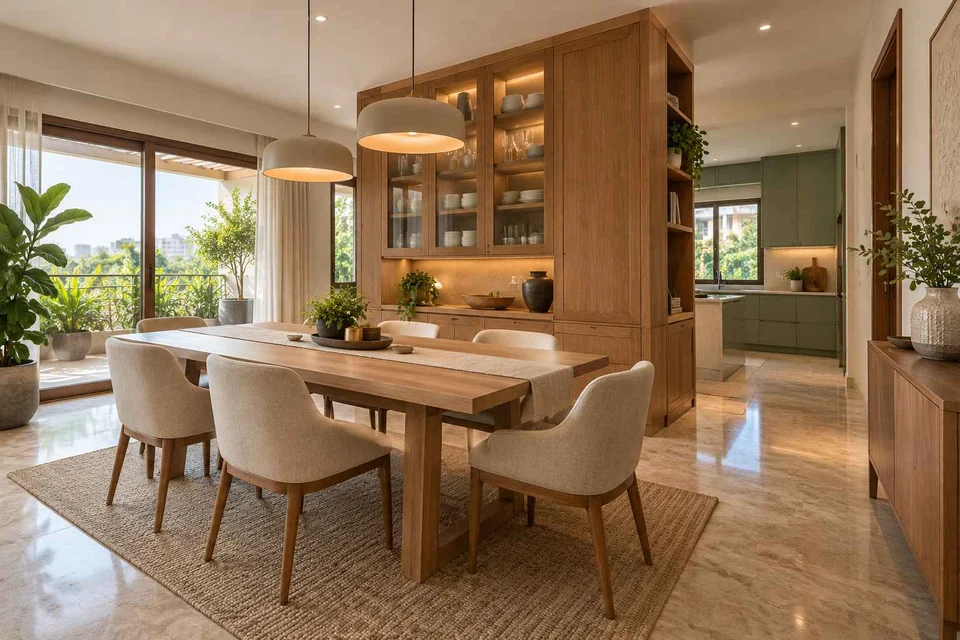 AI-generated dining-room concept: cupboard-spine dining, homegrown herb table direction