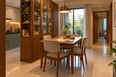 AI-generated dining-room concept: cupboard-spine dining, homework-to-dinner transition direction