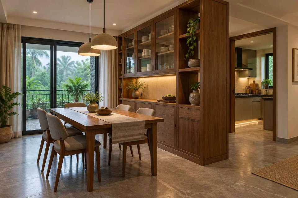 AI-generated dining-room concept: cupboard-spine dining, monsoon lunch light direction