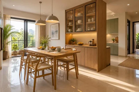 AI-generated dining-room concept: cupboard-spine dining, morning breakfast rhythm direction