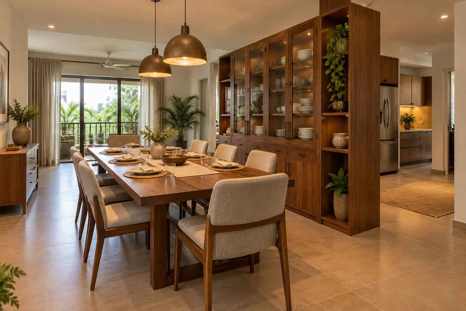 AI-generated dining-room concept: cupboard-spine dining, serving bowl sharing direction