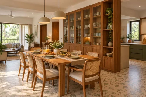 AI-generated dining-room concept: cupboard-spine dining, slow weekend brunch direction