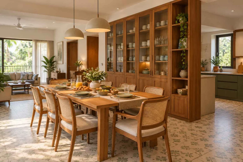 AI-generated dining-room concept: cupboard-spine dining, slow weekend brunch direction