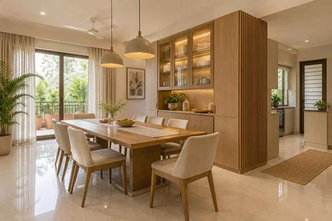 AI-generated dining-room concept: cupboard-spine dining, summer-airiness dining direction