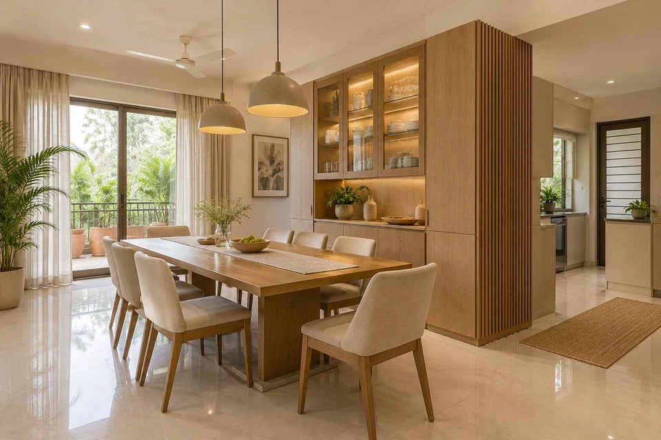 AI-generated dining-room concept: cupboard-spine dining, summer-airiness dining direction