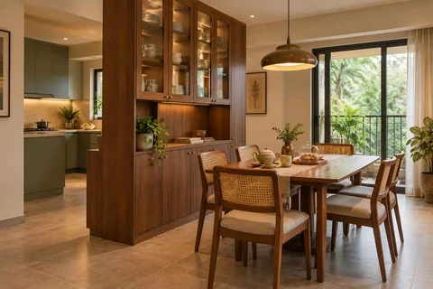 AI-generated dining-room concept: cupboard-spine dining, tea with friends direction