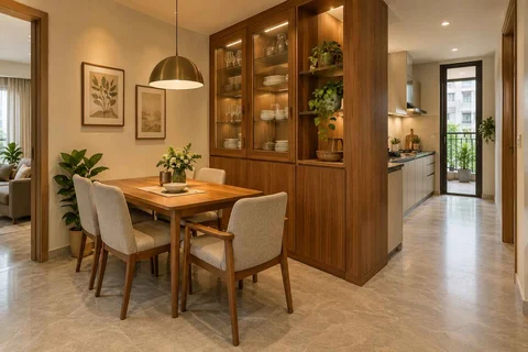 AI-generated dining-room concept: cupboard-spine dining, visiting-parents meal direction