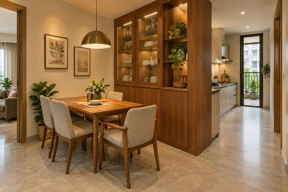 AI-generated dining-room concept: cupboard-spine dining, visiting-parents meal direction