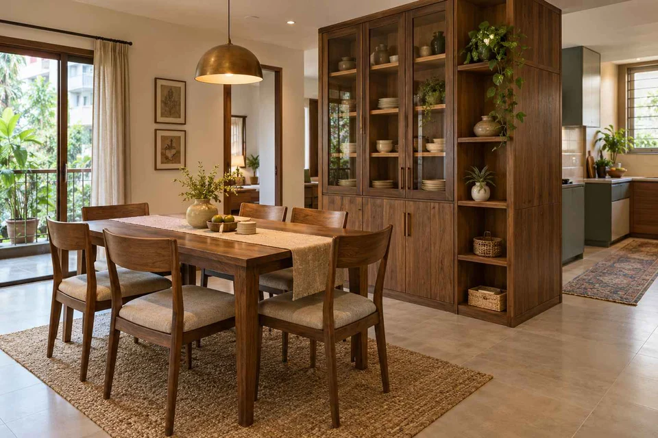 AI-generated dining-room concept: cupboard-spine dining, weekend craft-to-meal reset direction