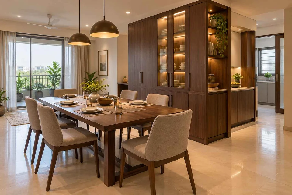 AI-generated dining-room concept: cupboard-spine dining, weeknight compact hosting direction