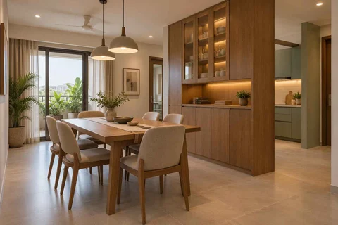 AI-generated dining-room concept: cupboard-spine dining, work-from-home reset direction