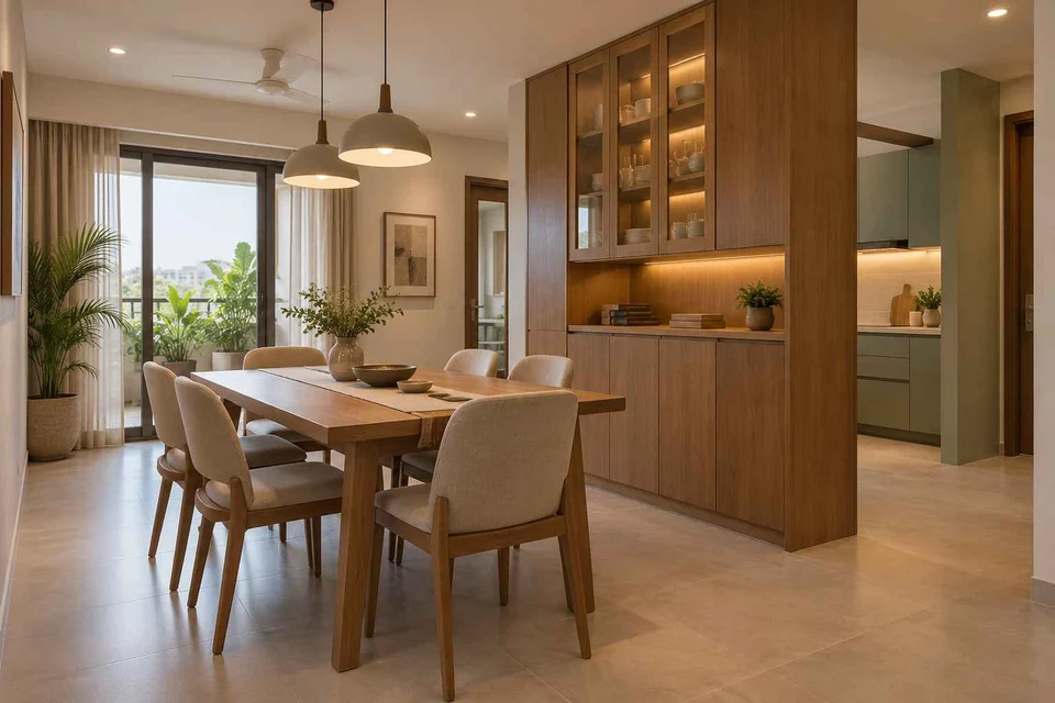 AI-generated dining-room concept: cupboard-spine dining, work-from-home reset direction