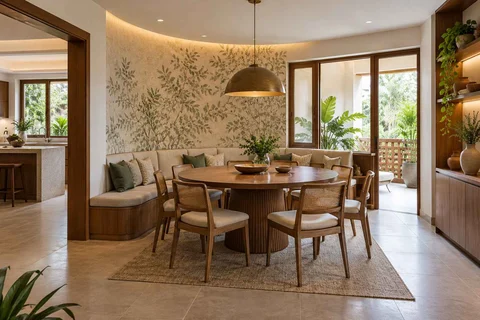 AI-generated dining-room concept: curved-banquette dining, adaptable everyday dining direction
