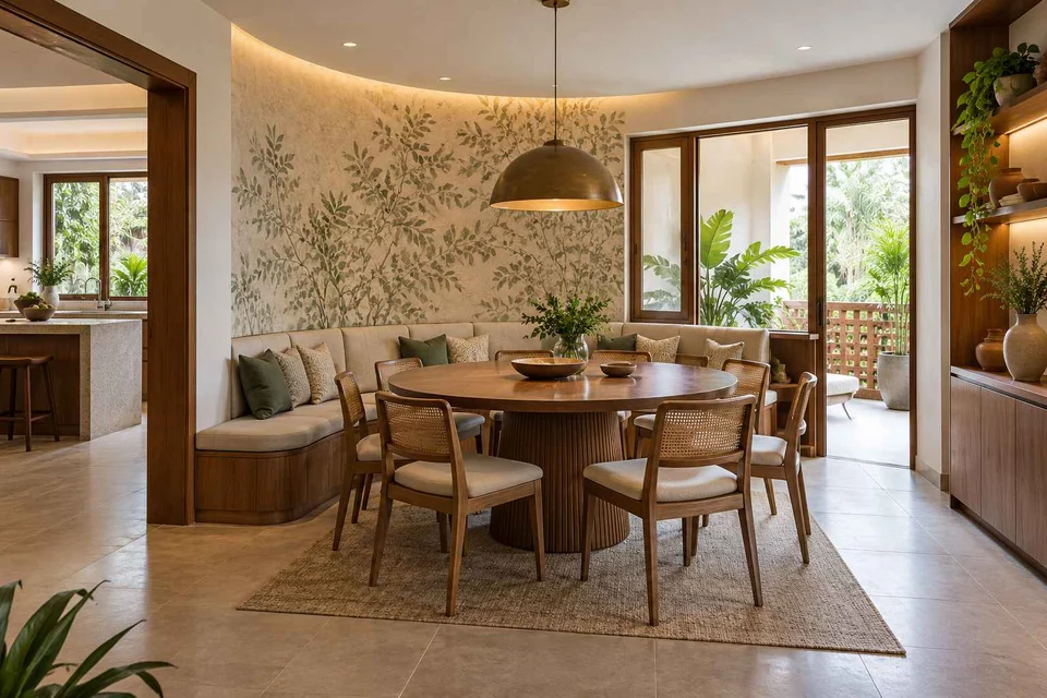 AI-generated dining-room concept: curved-banquette dining, adaptable everyday dining direction