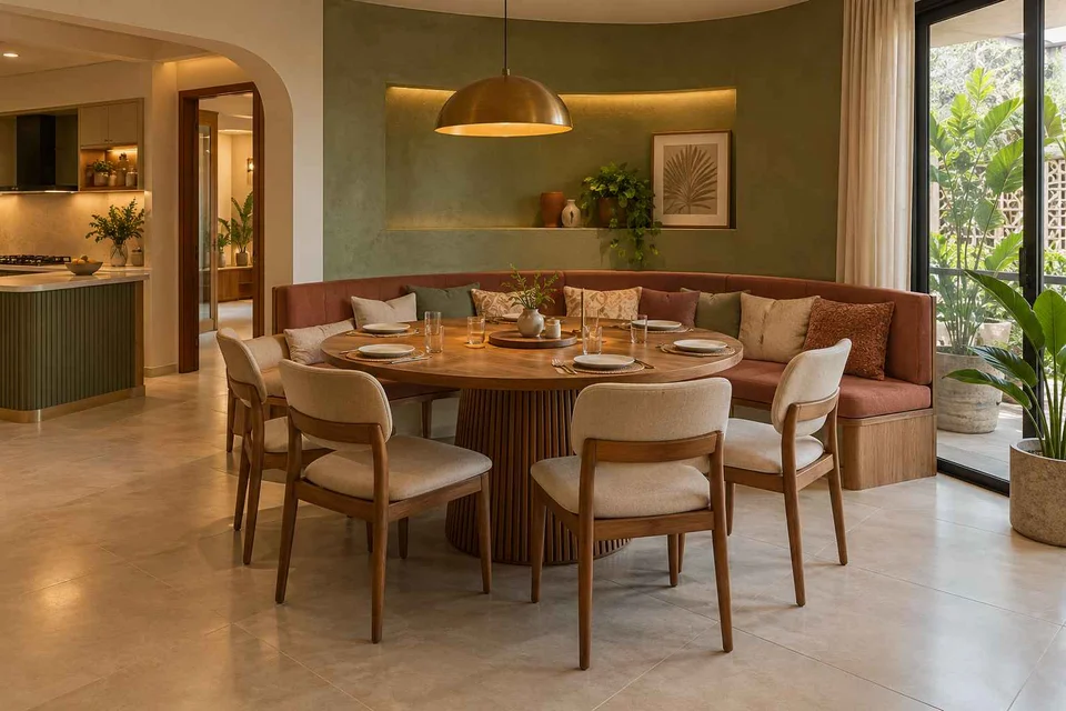 AI-generated dining-room concept: curved-banquette dining, board-game supper direction