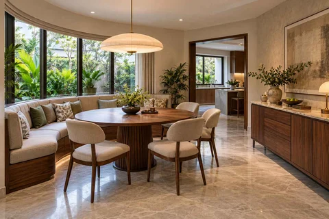 AI-generated dining-room concept: curved-banquette dining, buffet-side gathering direction
