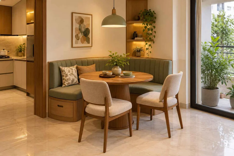 AI-generated dining-room concept: curved-banquette dining, children's everyday meals direction