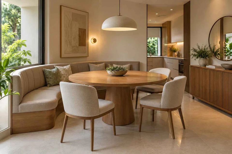 AI-generated dining-room concept: curved-banquette dining, clear-table daily reset direction