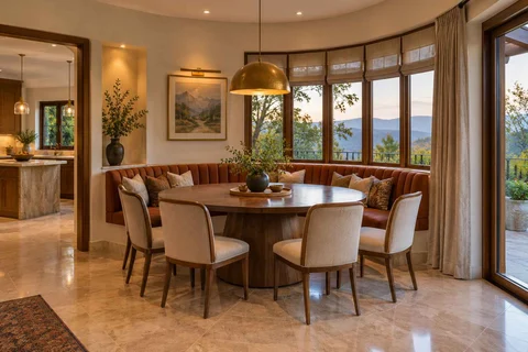 AI-generated dining-room concept: curved-banquette dining, cool-season family table direction