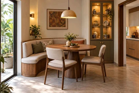 AI-generated dining-room concept: curved-banquette dining, crockery collection display direction