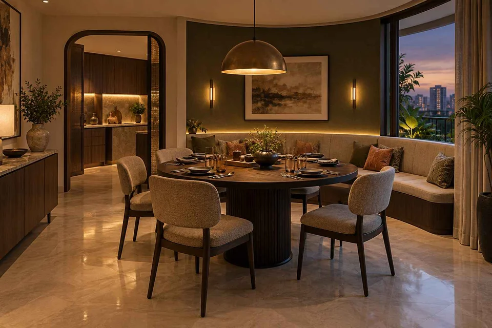AI-generated dining-room concept: curved-banquette dining, evening candleless dinner direction
