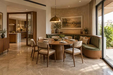 AI-generated dining-room concept: curved-banquette dining, everyday family supper direction