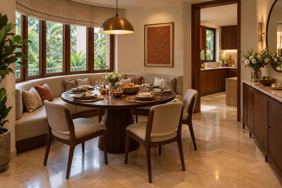 AI-generated dining-room concept: curved-banquette dining, festival meal preparation direction