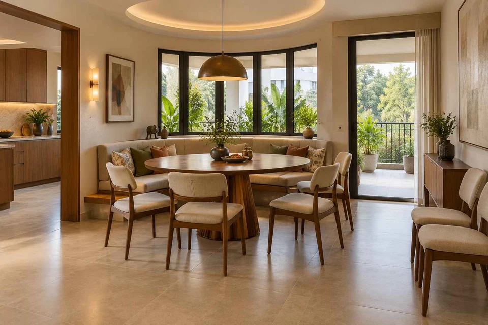 AI-generated dining-room concept: curved-banquette dining, flexible extra seats direction