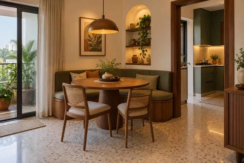 AI-generated dining-room concept: curved-banquette dining, grandparents and grandchildren direction