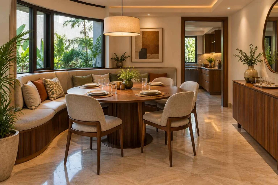 AI-generated dining-room concept: curved-banquette dining, guest welcome meal direction