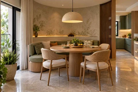 AI-generated dining-room concept: curved-banquette dining, homegrown herb table direction