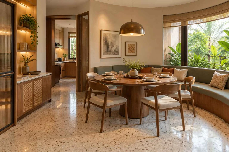 AI-generated dining-room concept: curved-banquette dining, homework-to-dinner transition direction