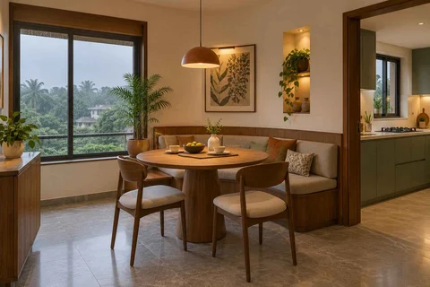 AI-generated dining-room concept: curved-banquette dining, monsoon lunch light direction