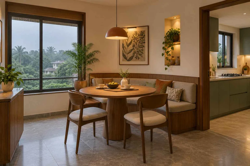 AI-generated dining-room concept: curved-banquette dining, monsoon lunch light direction