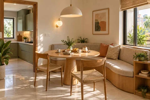 AI-generated dining-room concept: curved-banquette dining, morning breakfast rhythm direction