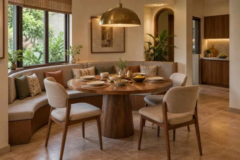 AI-generated dining-room concept: curved-banquette dining, serving bowl sharing direction