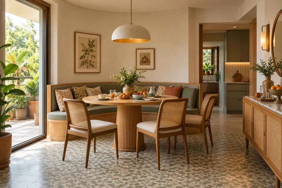 AI-generated dining-room concept: curved-banquette dining, slow weekend brunch direction