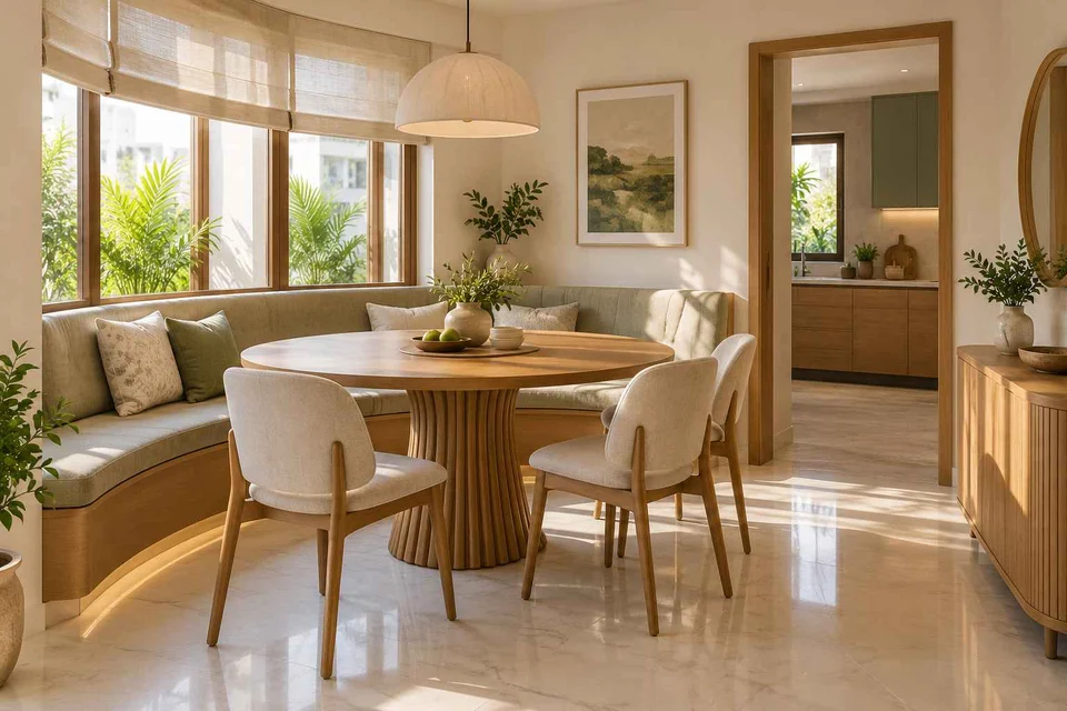 AI-generated dining-room concept: curved-banquette dining, summer-airiness dining direction