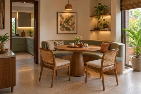 AI-generated dining-room concept: curved-banquette dining, tea with friends direction