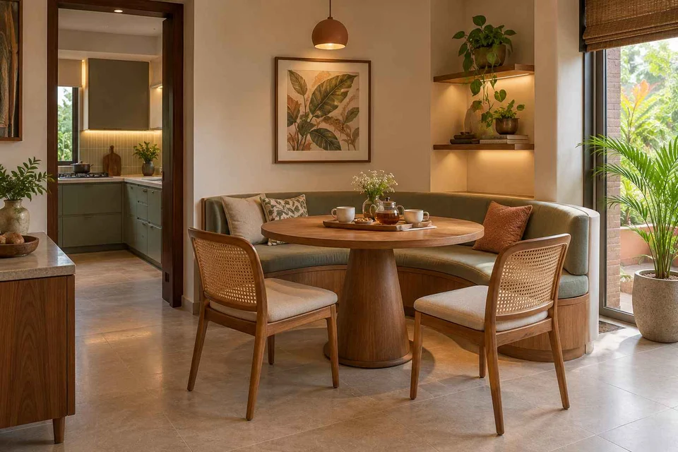 AI-generated dining-room concept: curved-banquette dining, tea with friends direction