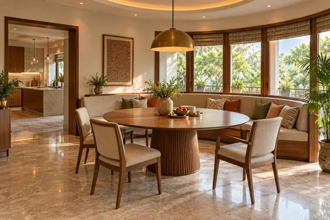 AI-generated dining-room concept: curved-banquette dining, visiting-parents meal direction