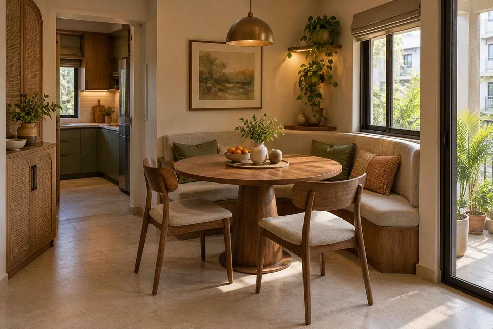 AI-generated dining-room concept: curved-banquette dining, weekend craft-to-meal reset direction