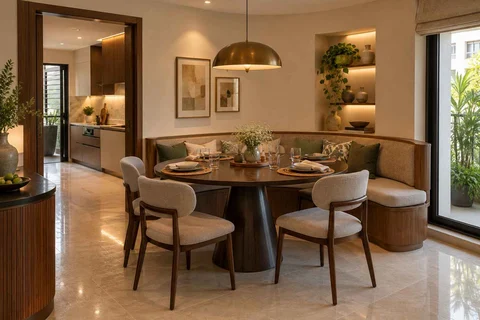 AI-generated dining-room concept: curved-banquette dining, weeknight compact hosting direction