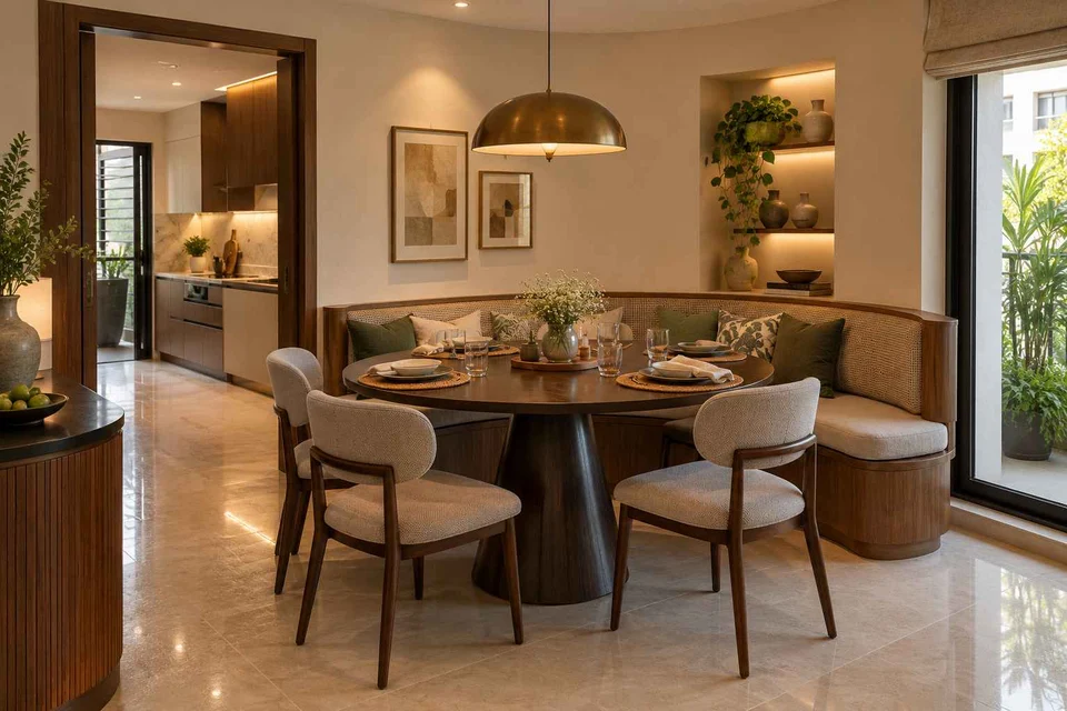 AI-generated dining-room concept: curved-banquette dining, weeknight compact hosting direction