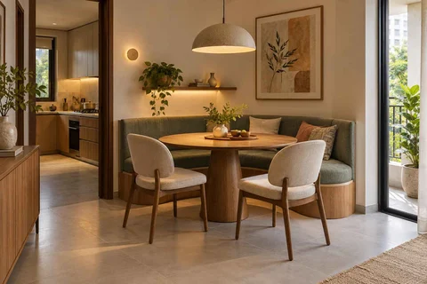 AI-generated dining-room concept: curved-banquette dining, work-from-home reset direction
