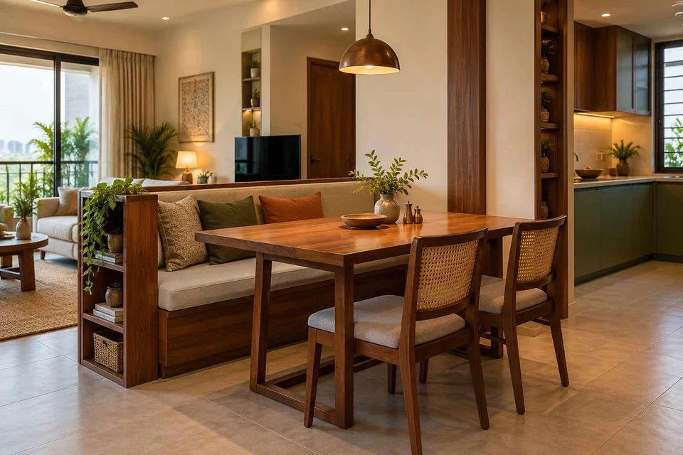 AI-generated dining-room concept: divider-side dining, adaptable everyday dining direction
