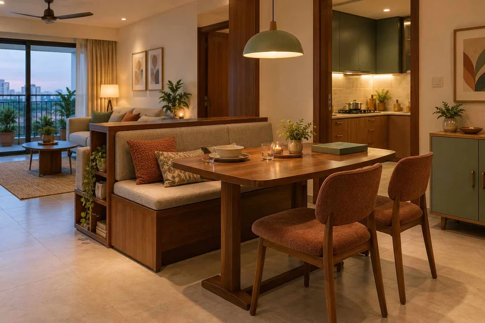 AI-generated dining-room concept: divider-side dining, board-game supper direction