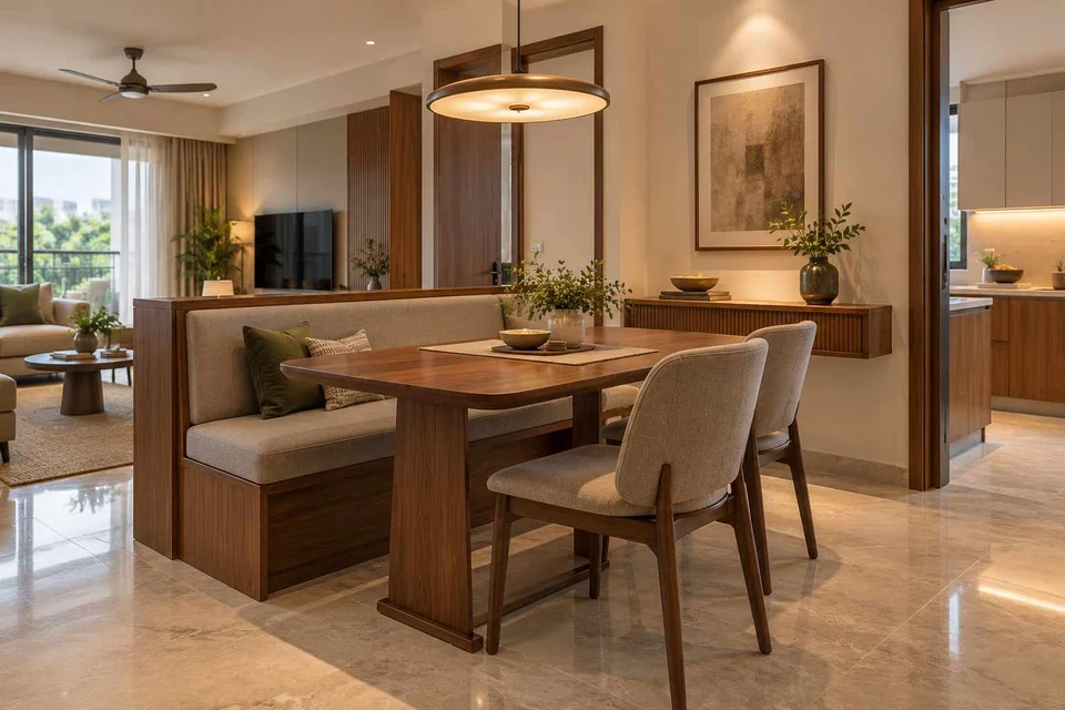 AI-generated dining-room concept: divider-side dining, buffet-side gathering direction