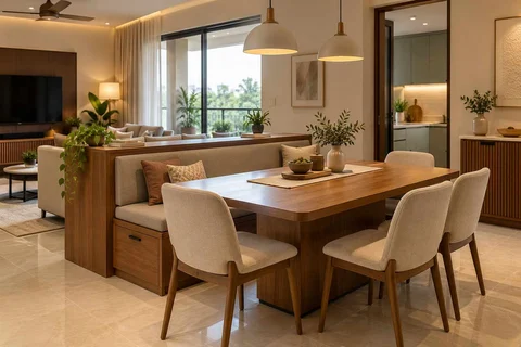 AI-generated dining-room concept: divider-side dining, children's everyday meals direction