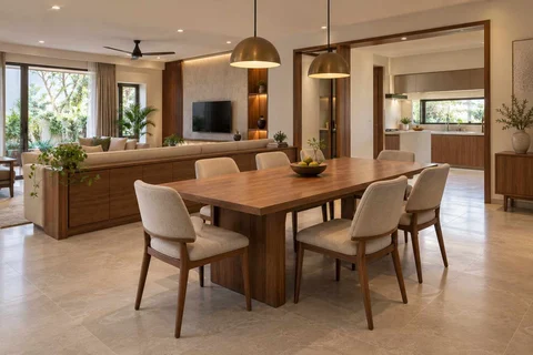AI-generated dining-room concept: divider-side dining, clear-table daily reset direction